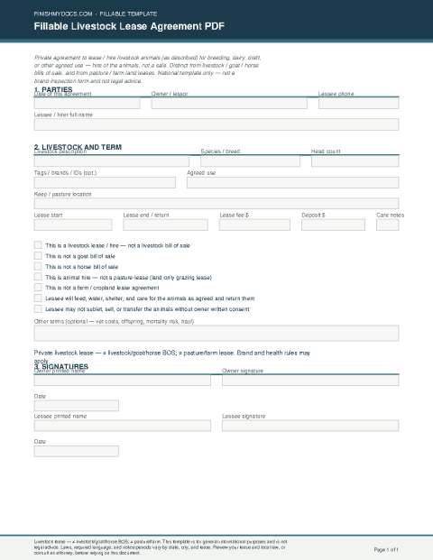 Fillable Livestock Lease Agreement PDF preview