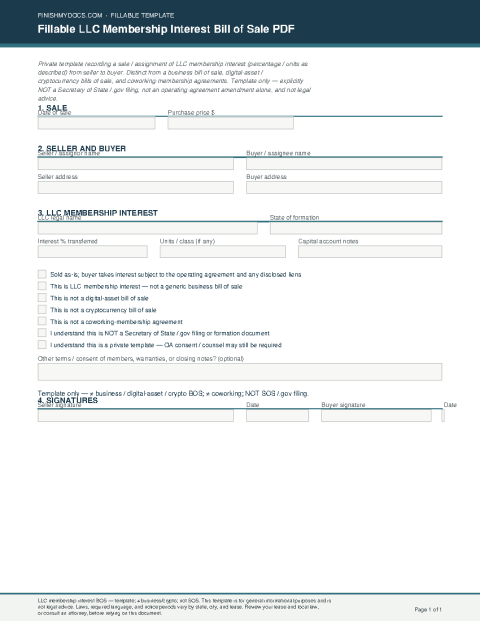 Fillable LLC Membership Interest Bill of Sale PDF preview
