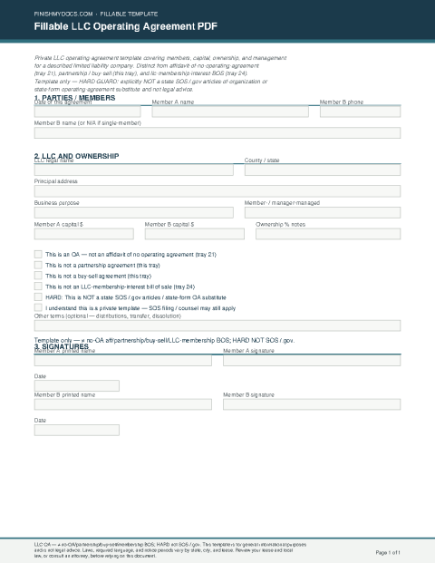 Fillable LLC Operating Agreement PDF preview