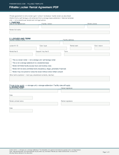 Fillable Locker Rental Agreement PDF preview