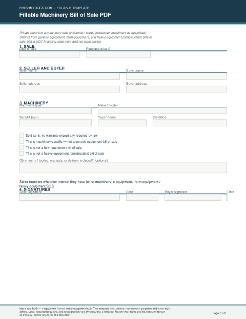 Fillable Machinery Bill of Sale PDF preview