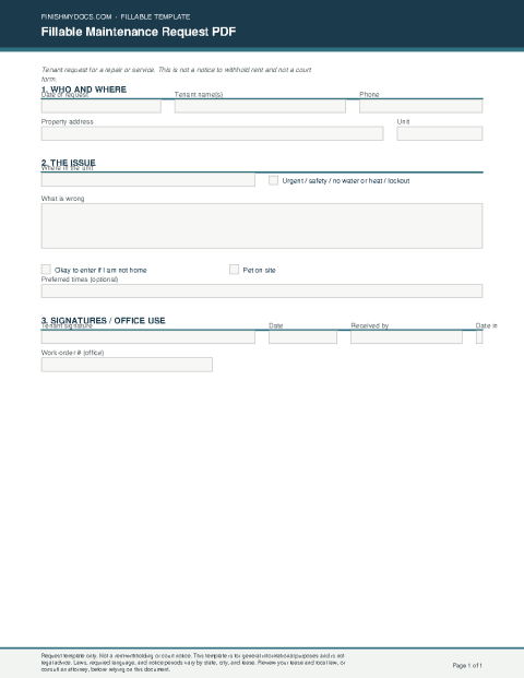 Fillable Maintenance Request PDF preview