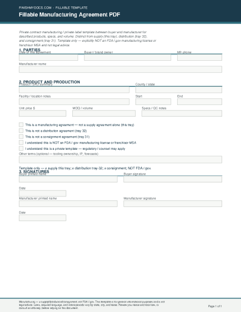 Fillable Manufacturing Agreement PDF preview