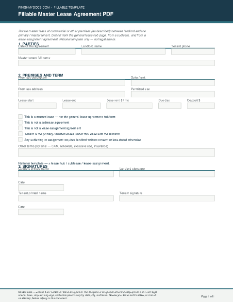 Fillable Master Lease Agreement PDF preview