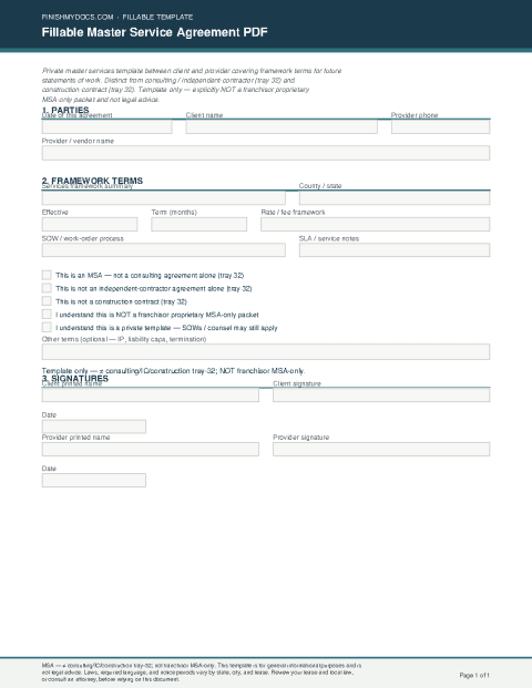 Fillable Master Service Agreement PDF preview