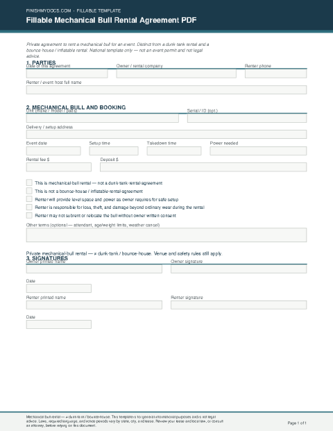 Fillable Mechanical Bull Rental Agreement PDF preview