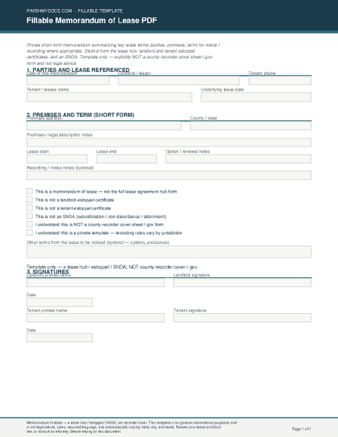 Fillable Memorandum of Lease PDF preview