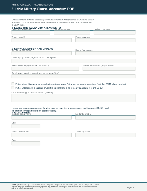 Fillable Military Clause Addendum PDF preview