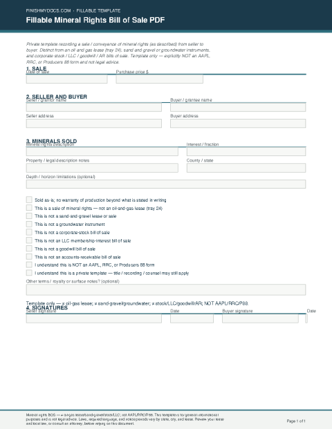 Fillable Mineral Rights Bill of Sale PDF preview