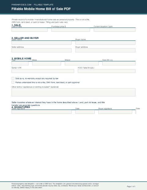 Fillable Mobile Home Bill of Sale PDF preview