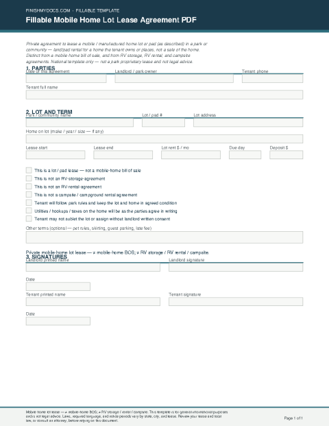 Fillable Mobile Home Lot Lease Agreement PDF preview