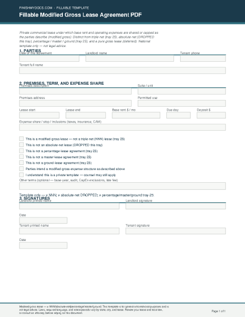 Fillable Modified Gross Lease Agreement PDF preview
