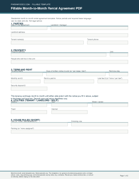 Fillable Month-to-Month Rental Agreement PDF preview