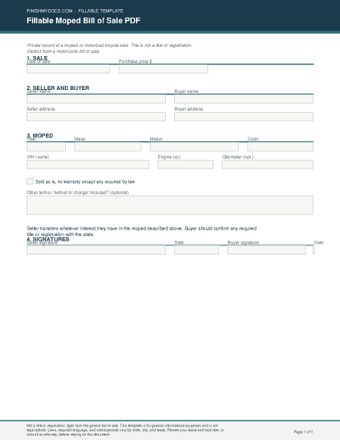 Fillable Moped Bill of Sale PDF preview