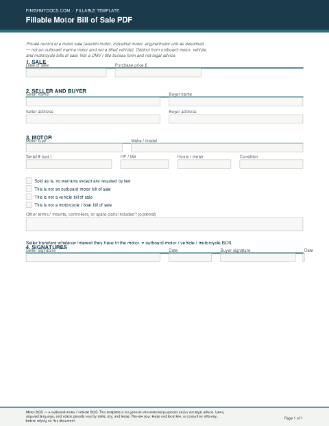 Fillable Motor Bill of Sale PDF preview
