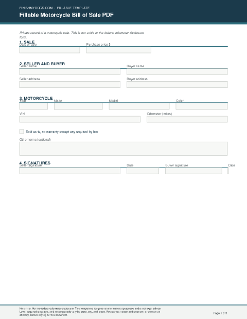 Fillable Motorcycle Bill of Sale PDF preview