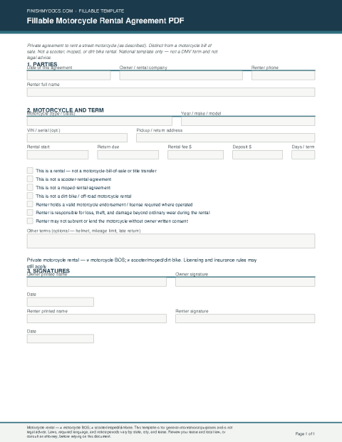 Fillable Motorcycle Rental Agreement PDF preview