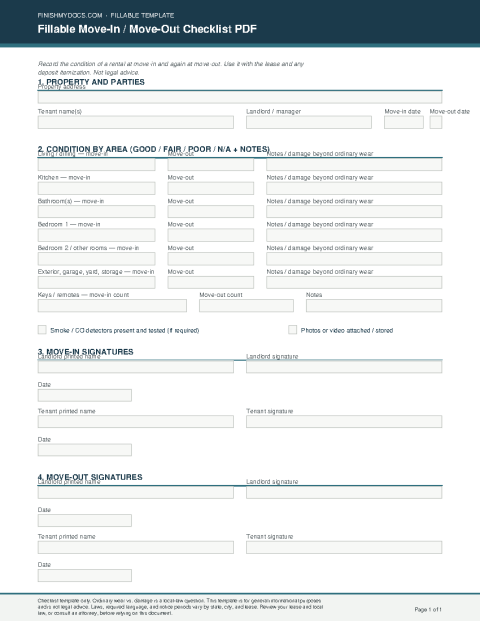 Fillable Move-In / Move-Out Checklist PDF preview