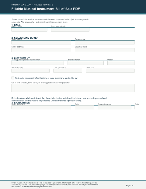 Fillable Musical Instrument Bill of Sale PDF preview