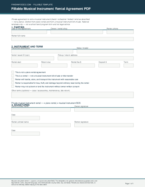 Fillable Musical Instrument Rental Agreement PDF preview