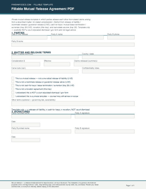 Fillable Mutual Release Agreement PDF preview