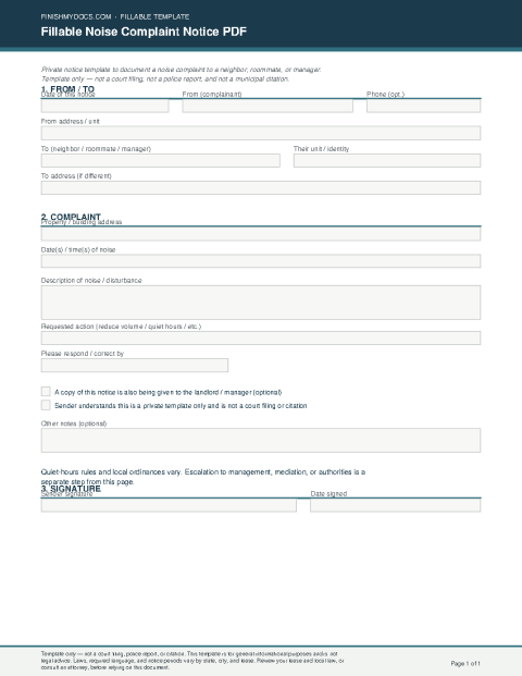 Fillable Noise Complaint Notice PDF preview