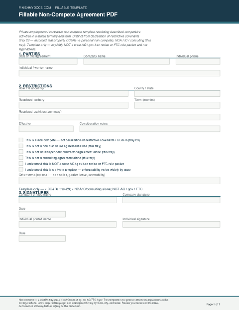 Fillable Non-Compete Agreement PDF preview