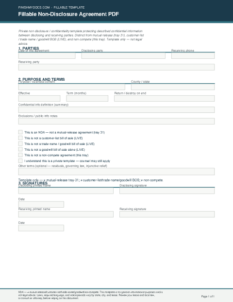 Fillable Non-Disclosure Agreement PDF preview