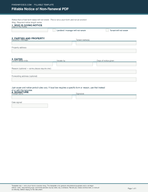 Fillable Notice of Non-Renewal PDF preview