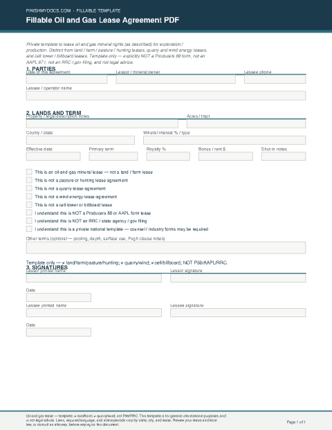 Fillable Oil and Gas Lease Agreement PDF preview