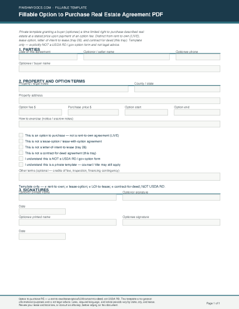 Fillable Option to Purchase Real Estate Agreement PDF preview