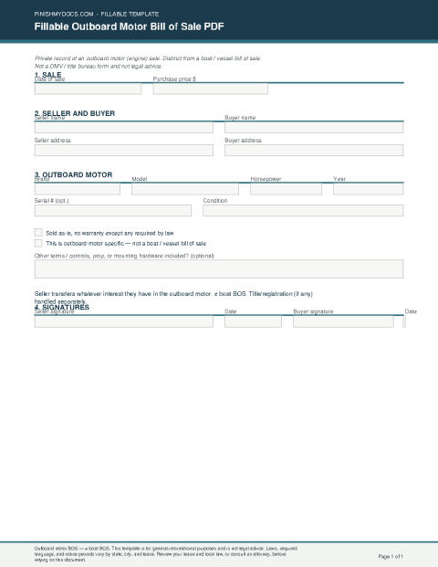 Fillable Outboard Motor Bill of Sale PDF preview