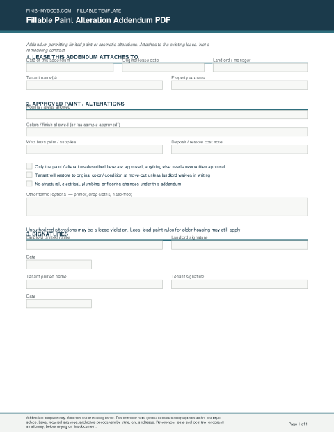 Fillable Paint Alteration Addendum PDF preview