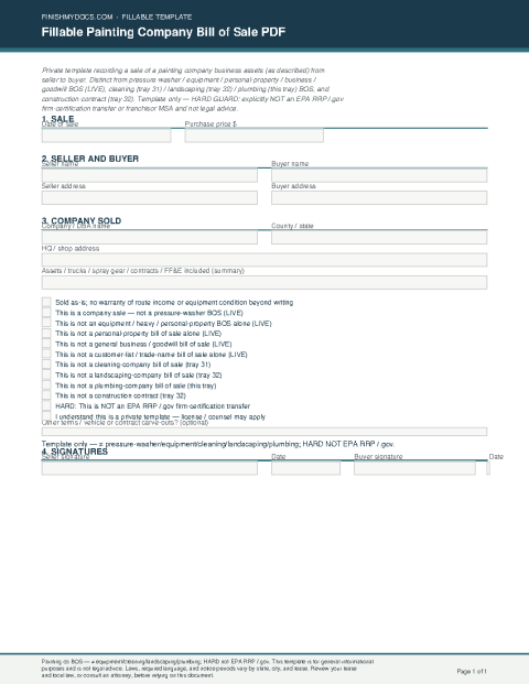 Fillable Painting Company Bill of Sale PDF preview