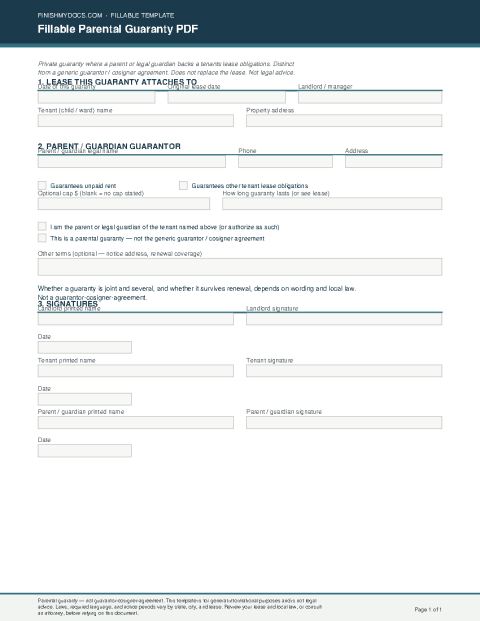 Fillable Parental Guaranty PDF preview
