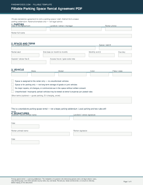 Fillable Parking Space Rental Agreement PDF preview