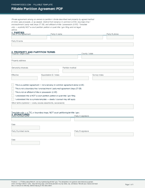 Fillable Partition Agreement PDF preview