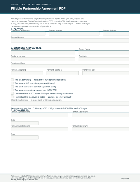 Fillable Partnership Agreement PDF preview
