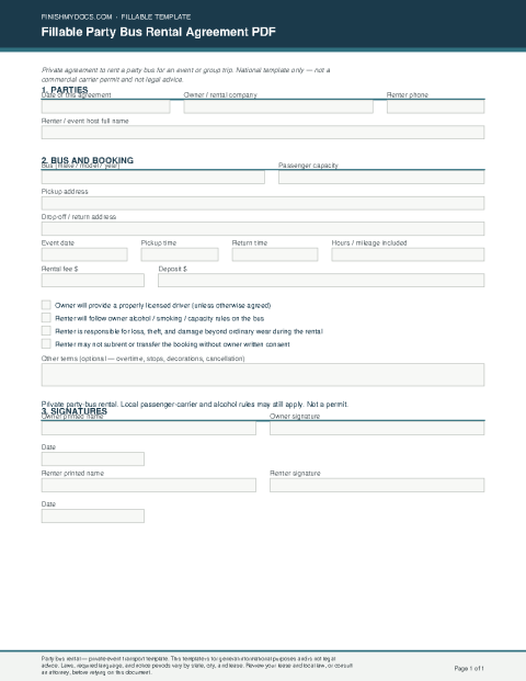 Fillable Party Bus Rental Agreement PDF preview