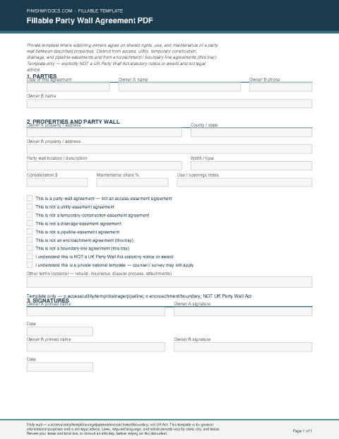 Fillable Party Wall Agreement PDF preview