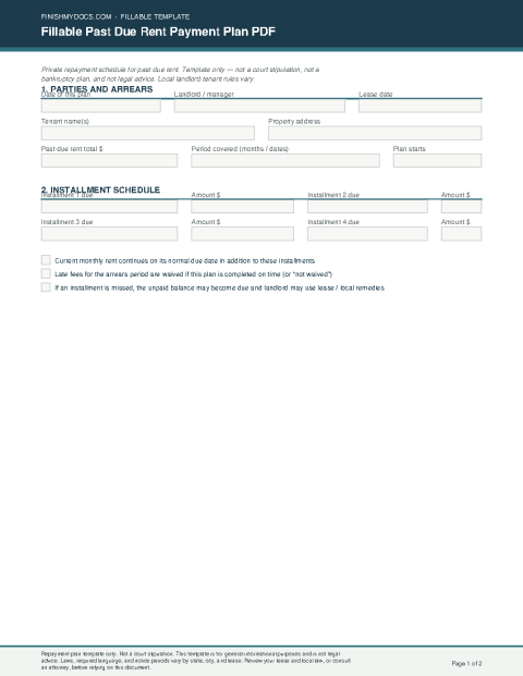Fillable Past Due Rent Payment Plan PDF preview