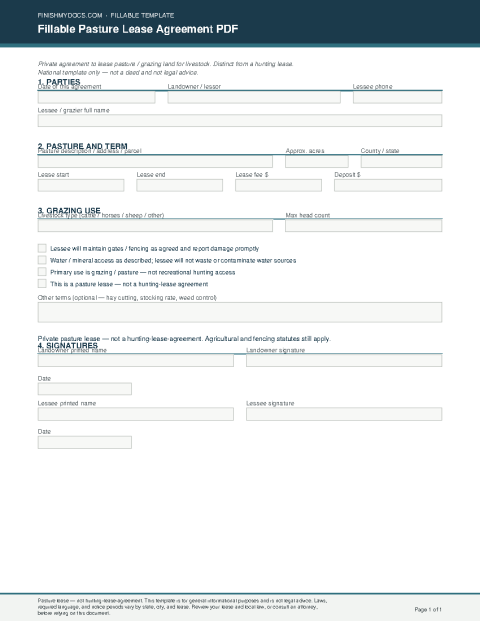 Fillable Pasture Lease Agreement PDF preview