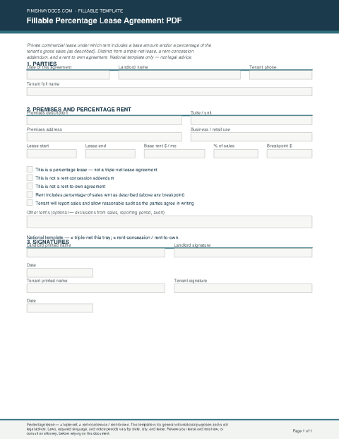 Fillable Percentage Lease Agreement PDF preview