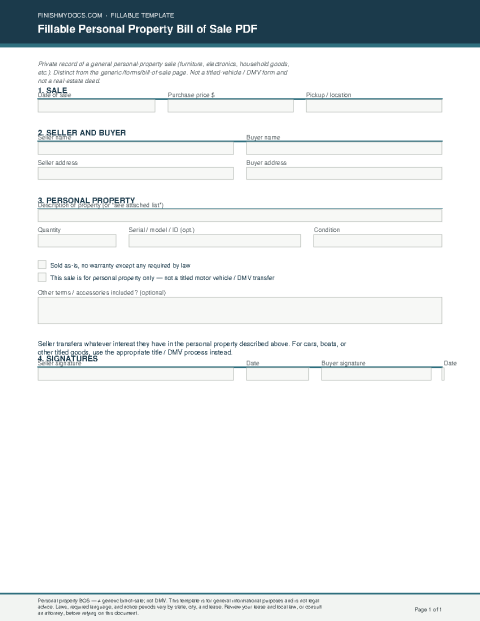 Fillable Personal Property Bill of Sale PDF preview