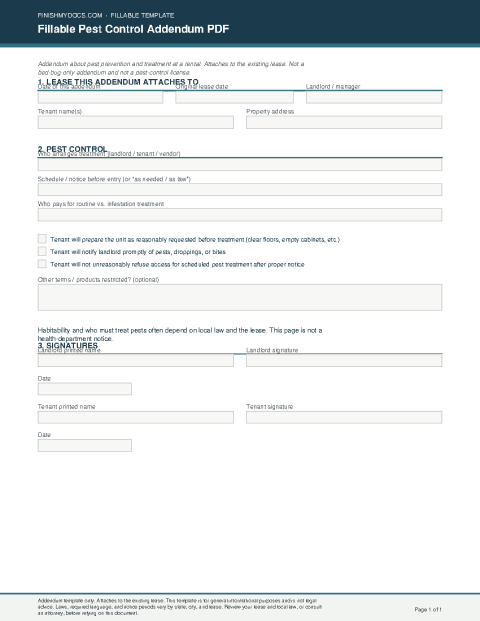 Fillable Pest Control Addendum PDF preview