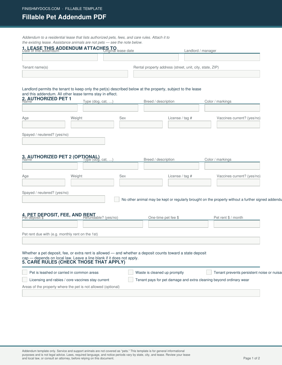 Fillable Pet Addendum PDF preview