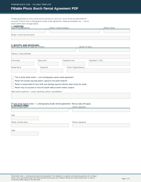 Fillable Photo Booth Rental Agreement PDF preview