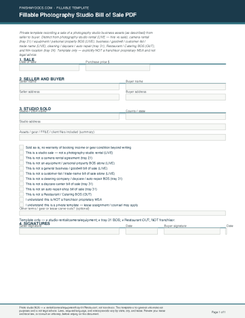 Fillable Photography Studio Bill of Sale PDF preview