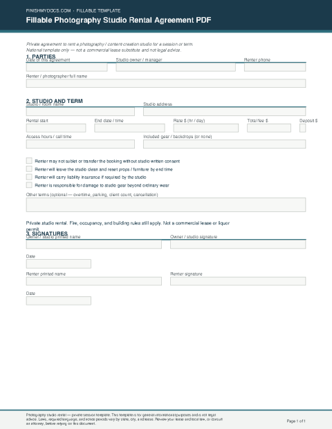 Fillable Photography Studio Rental Agreement PDF preview