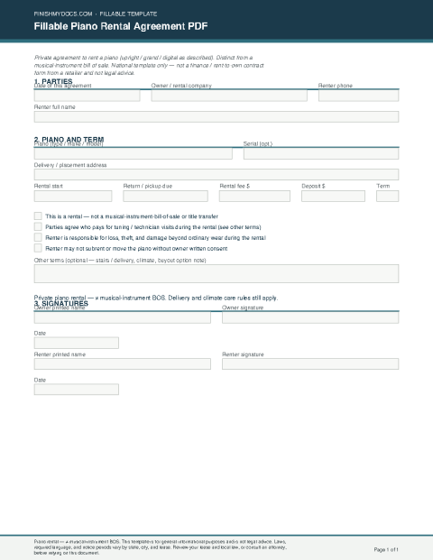 Fillable Piano Rental Agreement PDF preview